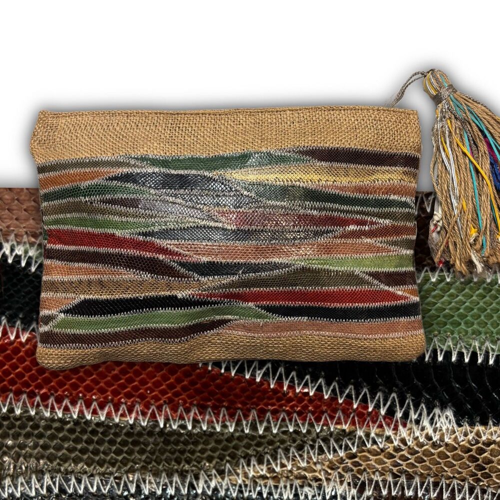 Handmade Woven Jute & Snakeskin Patchwork Pouch